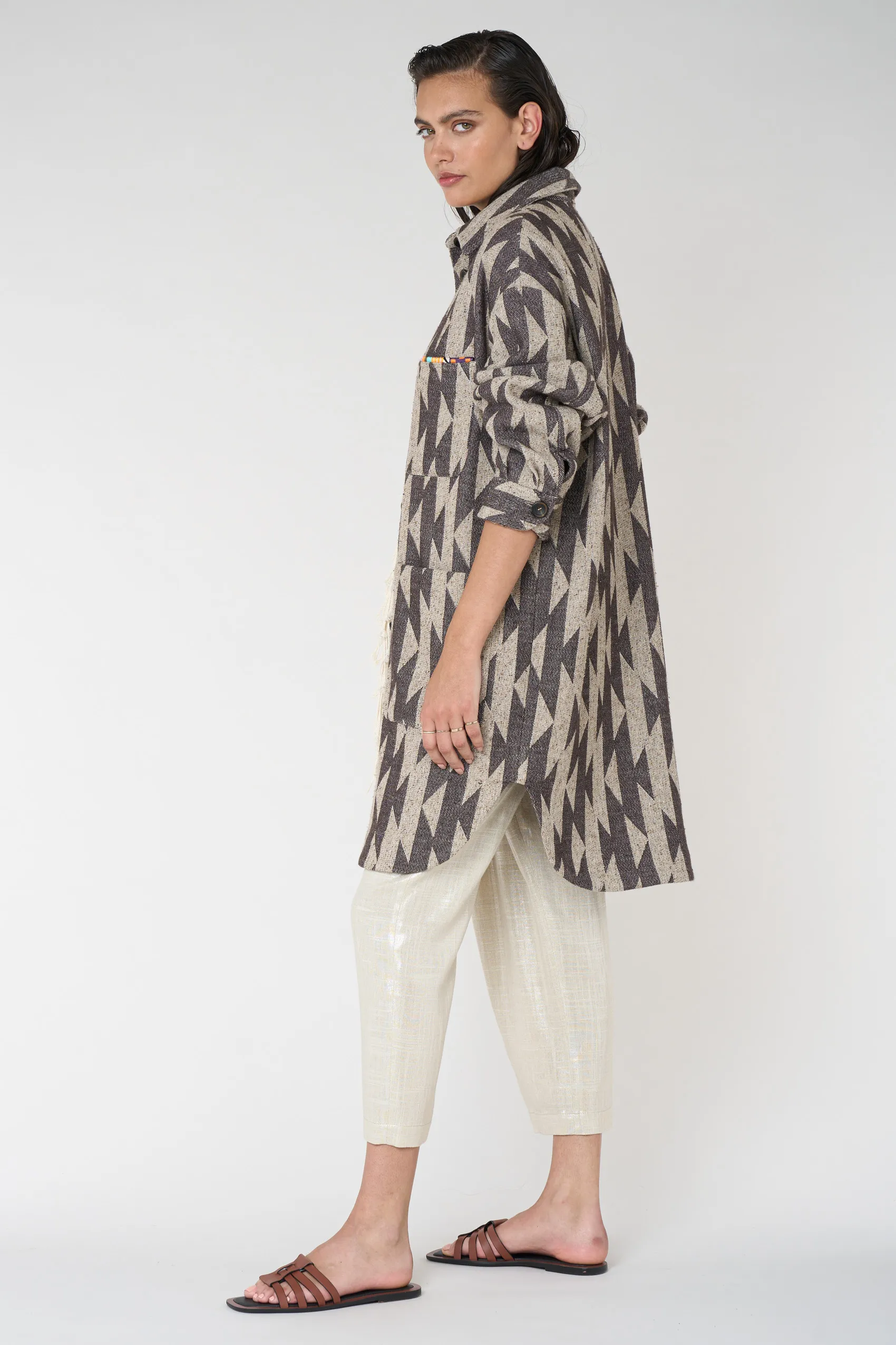 Long printed jacket with fringes 