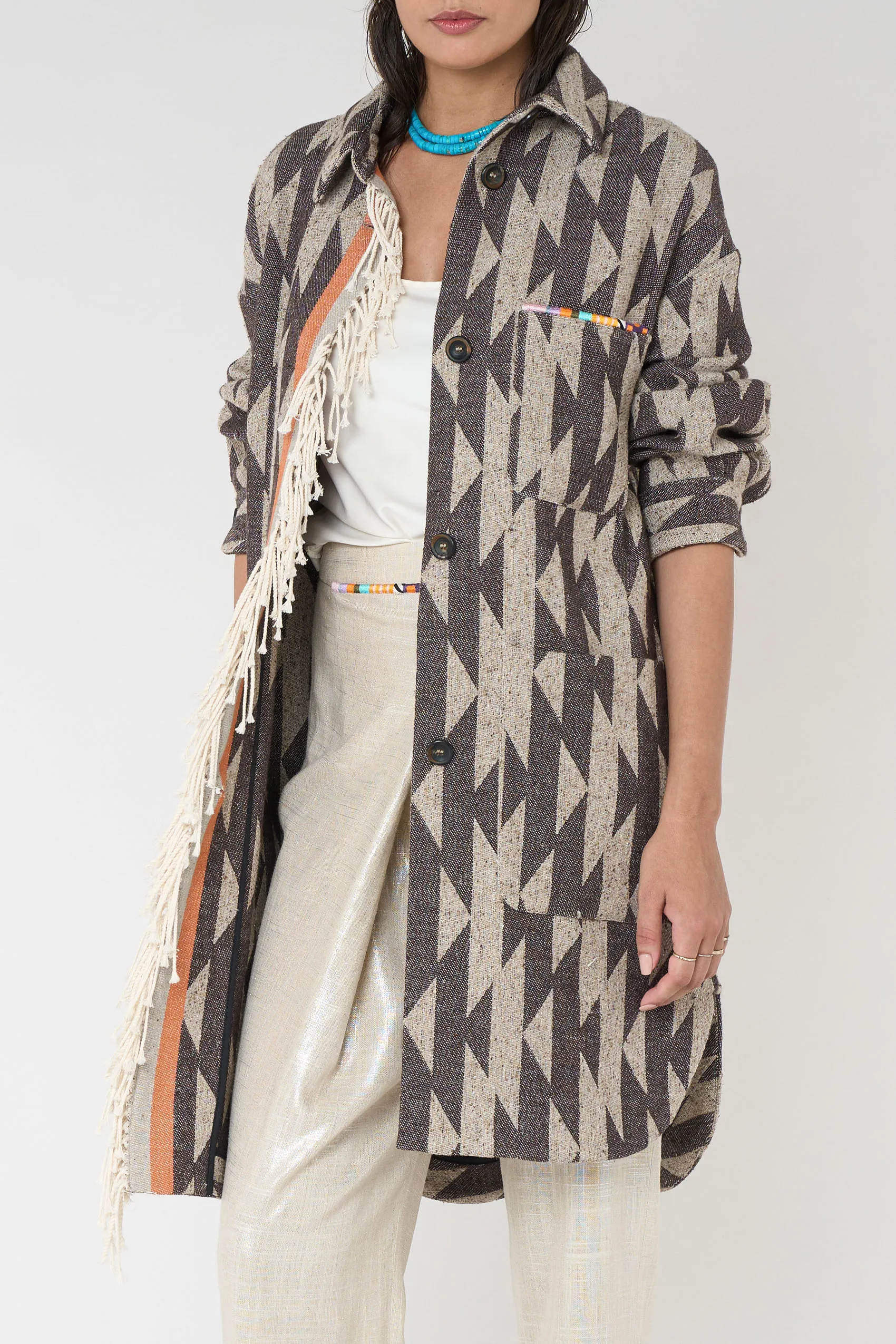 Long printed jacket with fringes 