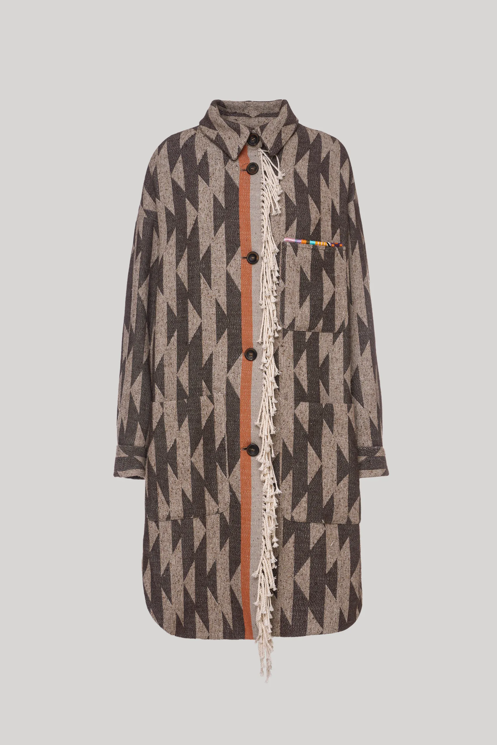 Long printed jacket with fringes 