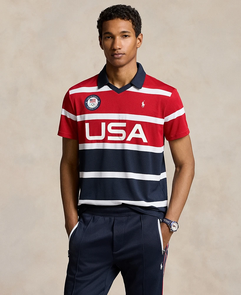 Macy's Polo Ralph Lauren Men's Team Usa Custom Slim-Fit Stretch Striped Mesh Shirt