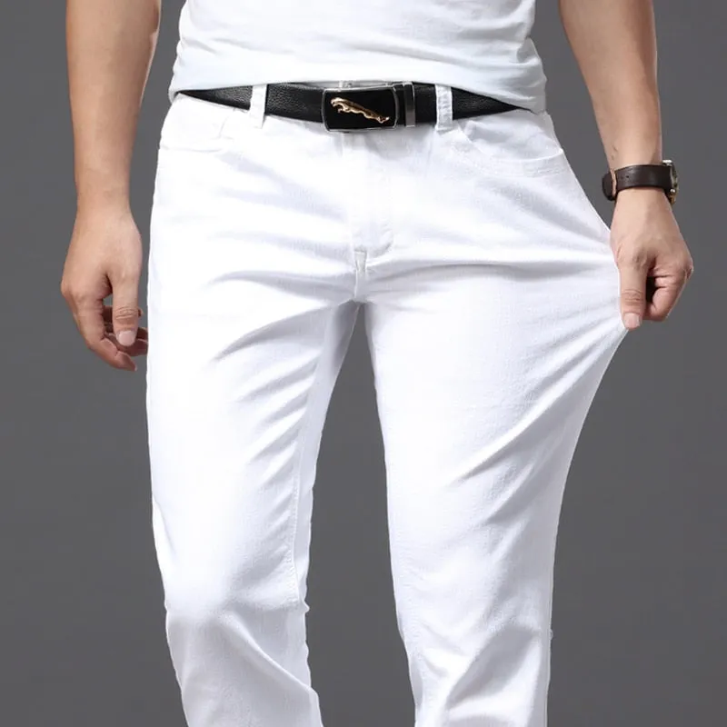 Men's Solid Pattern Casual Classic Mid Waist Denim Straight Leg Trousers