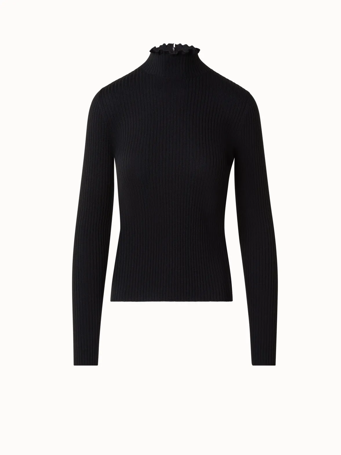 Merino Wool Knit Sweater with Mock Neck and Ruffles