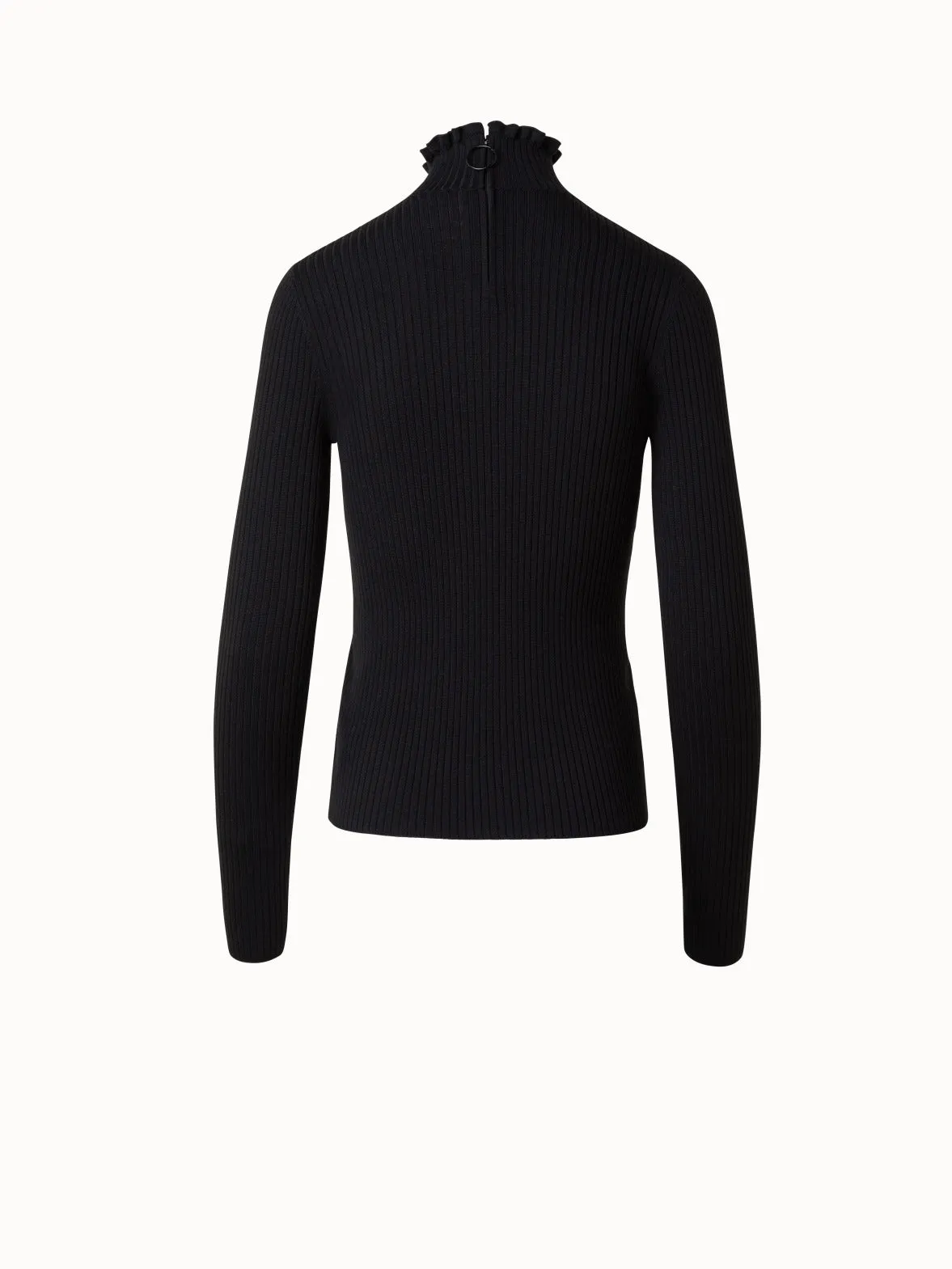 Merino Wool Knit Sweater with Mock Neck and Ruffles