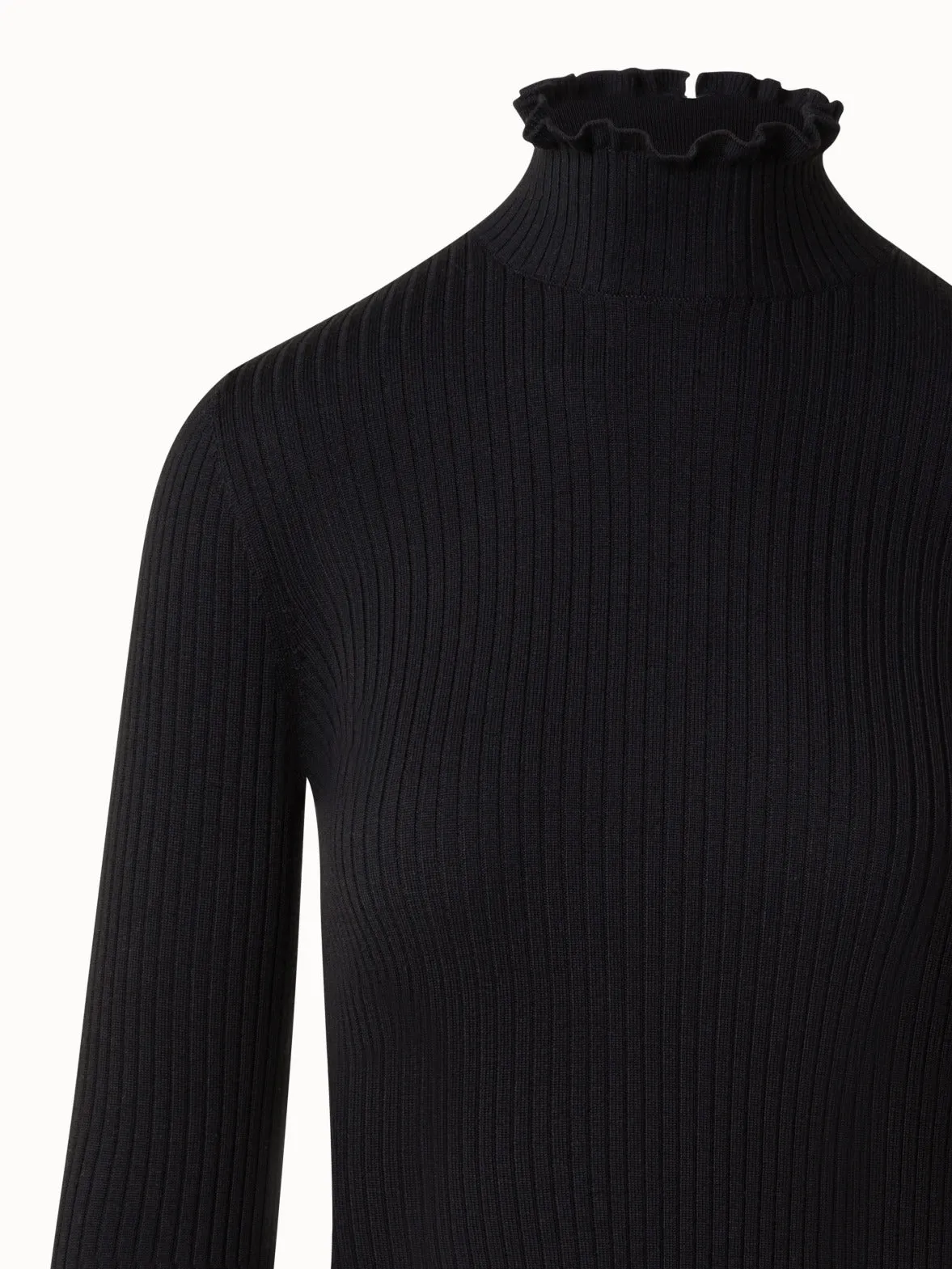 Merino Wool Knit Sweater with Mock Neck and Ruffles