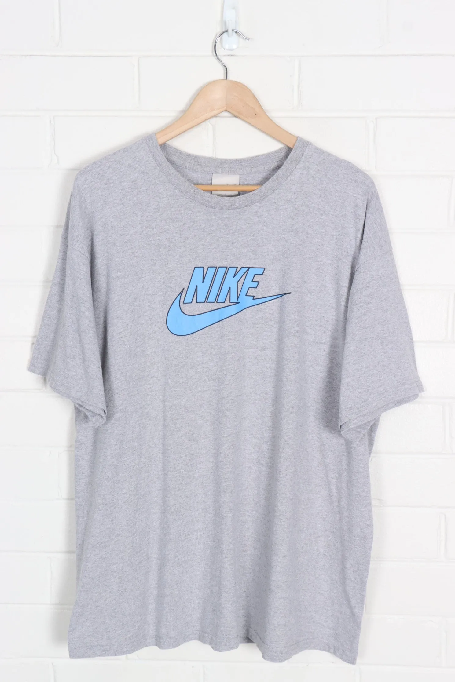 NIKE Grey & Sky Blue Swoosh Logo Classic USA Made Tee (XL)