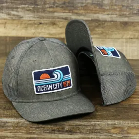 OCNJ Ocean City 1879 Sunset Wave Logo Mesh Stretch FIt Hat | Dark Green And Dark Grey Stretch Fit Hat