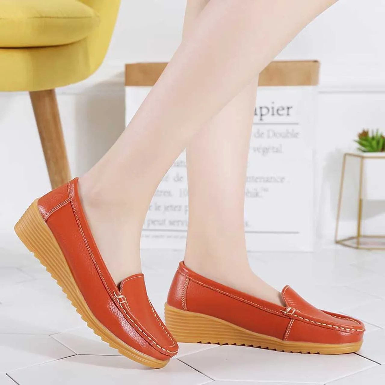 Orange casual plain slip on shoe loafer wedge