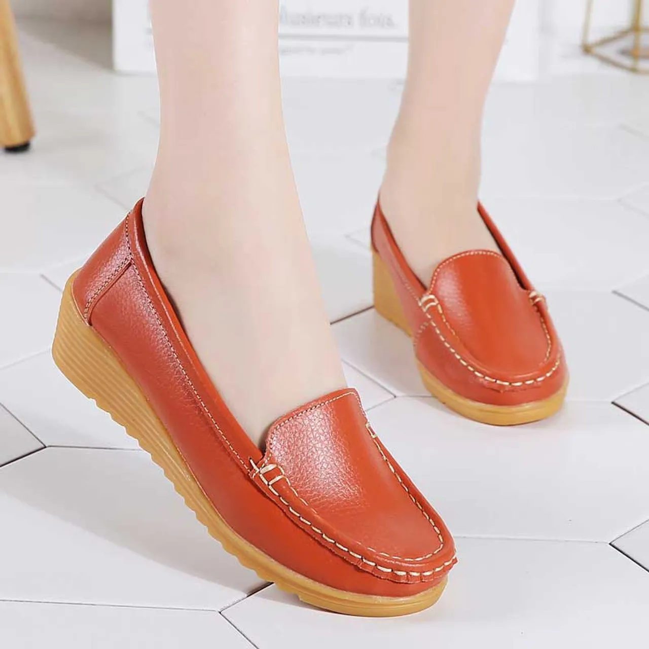 Orange casual plain slip on shoe loafer wedge