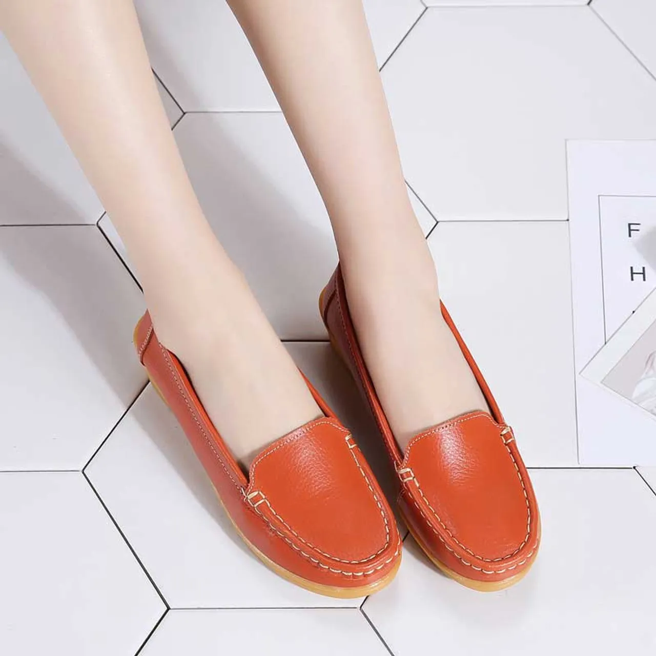 Orange casual plain slip on shoe loafer wedge