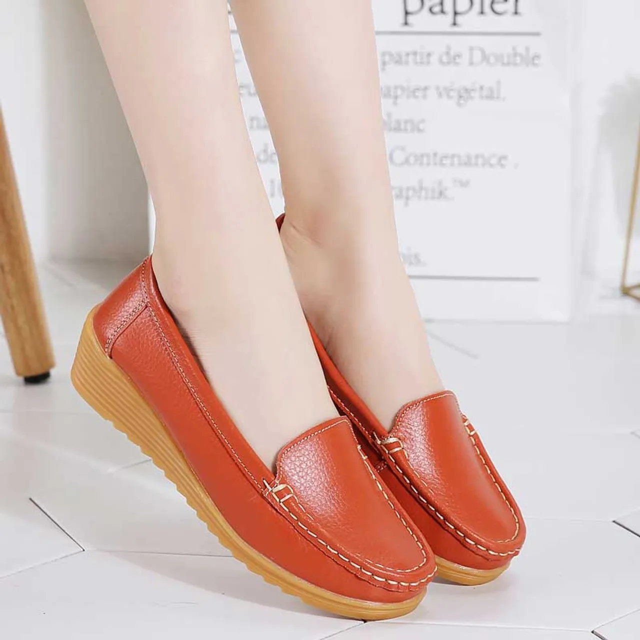 Orange casual plain slip on shoe loafer wedge