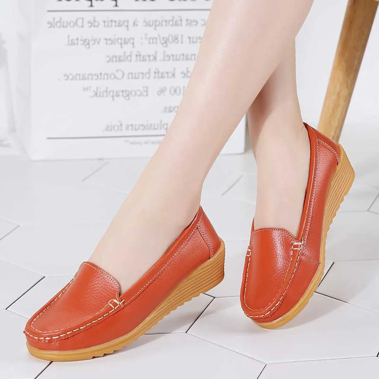 Orange casual plain slip on shoe loafer wedge