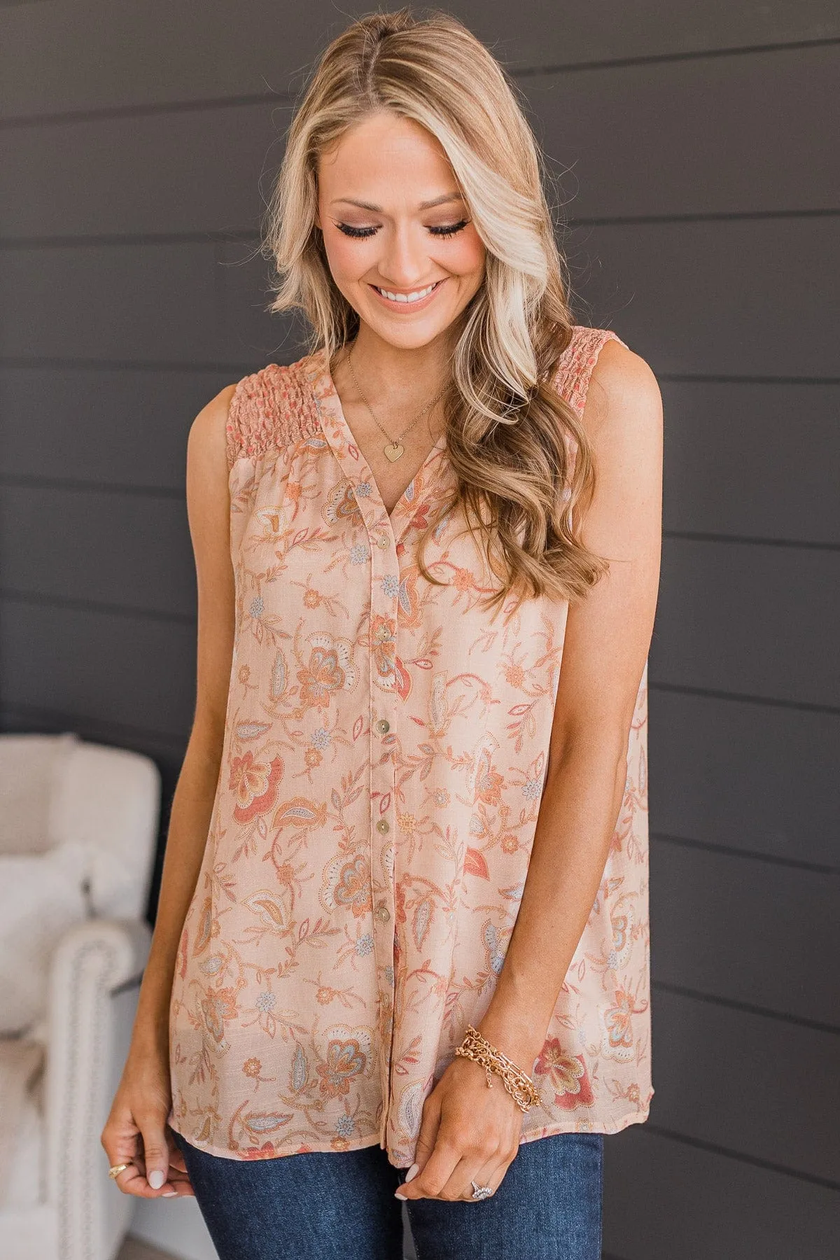 Pleasant Surprise Floral Button Tank Top- Dusty Peach