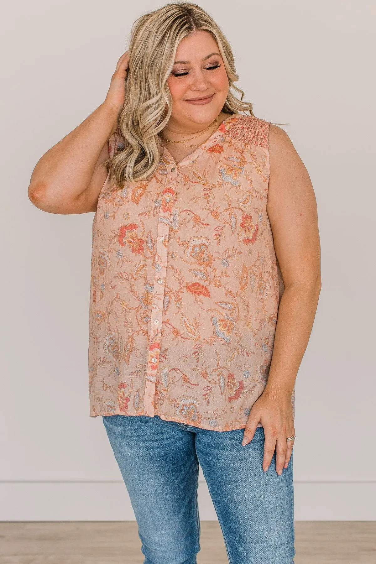 Pleasant Surprise Floral Button Tank Top- Dusty Peach