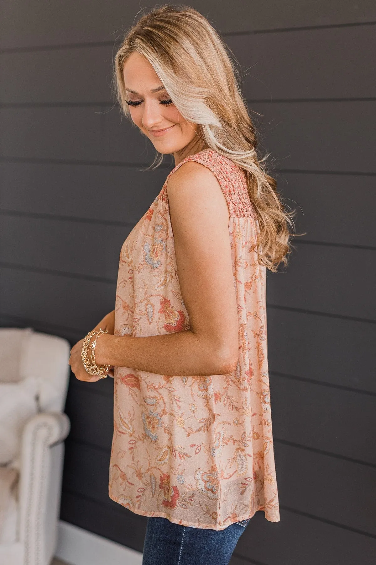 Pleasant Surprise Floral Button Tank Top- Dusty Peach