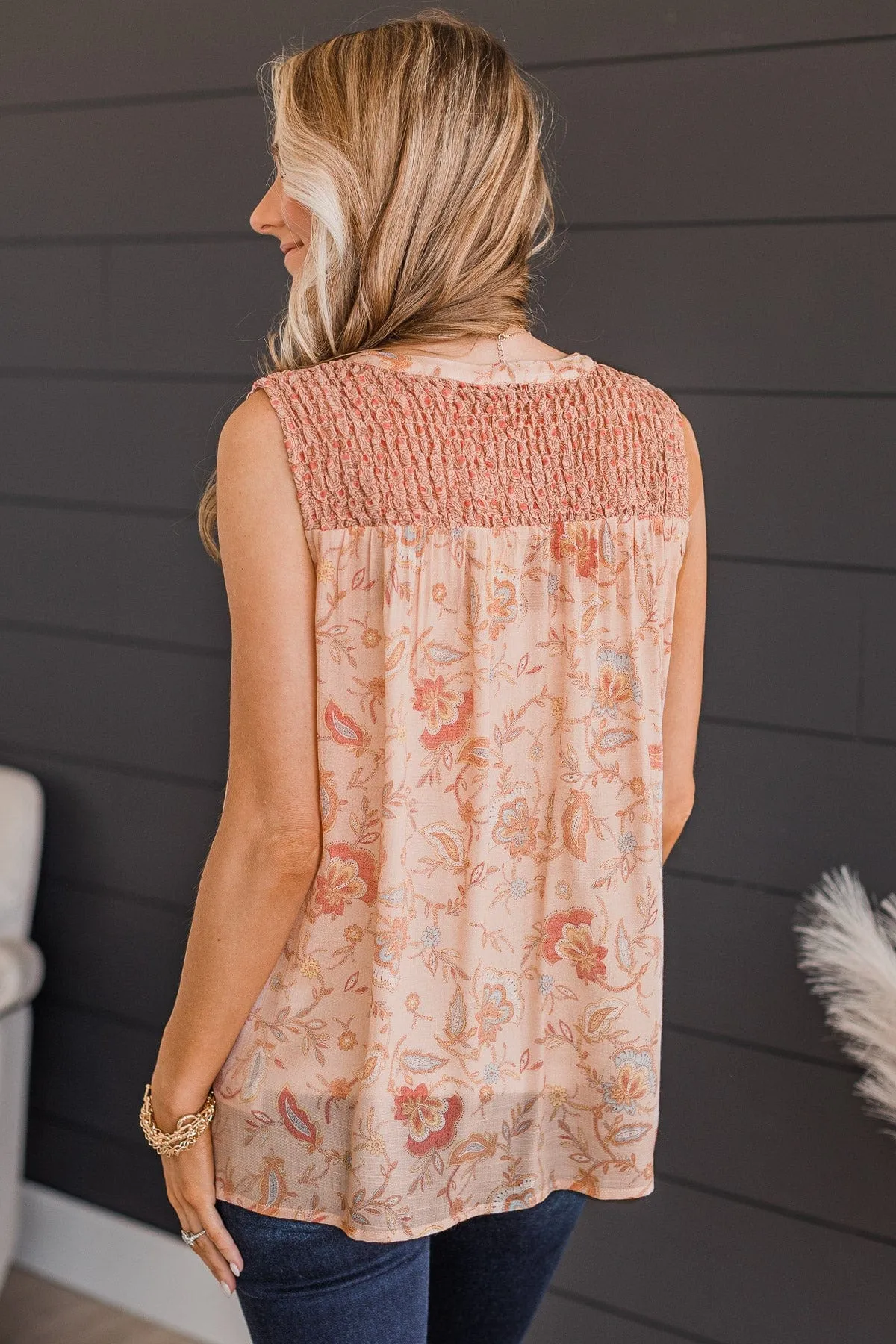 Pleasant Surprise Floral Button Tank Top- Dusty Peach