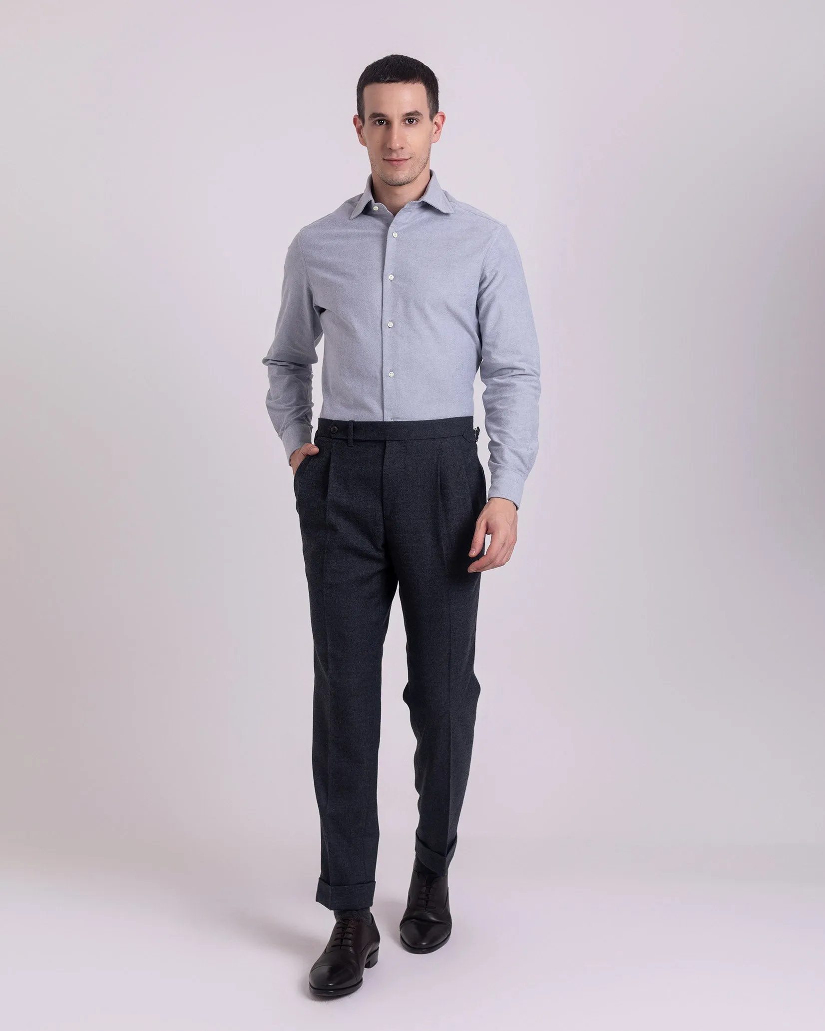 Pleated Dugdale Dark Grey Wool Flannel Dress Pant