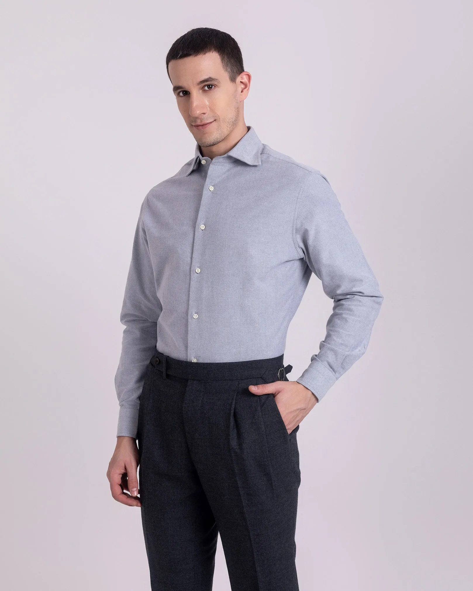 Pleated Dugdale Dark Grey Wool Flannel Dress Pant