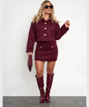 Public Desire Faux Wool Gold Button Detail Mini Skirt Co Ord Burgundy