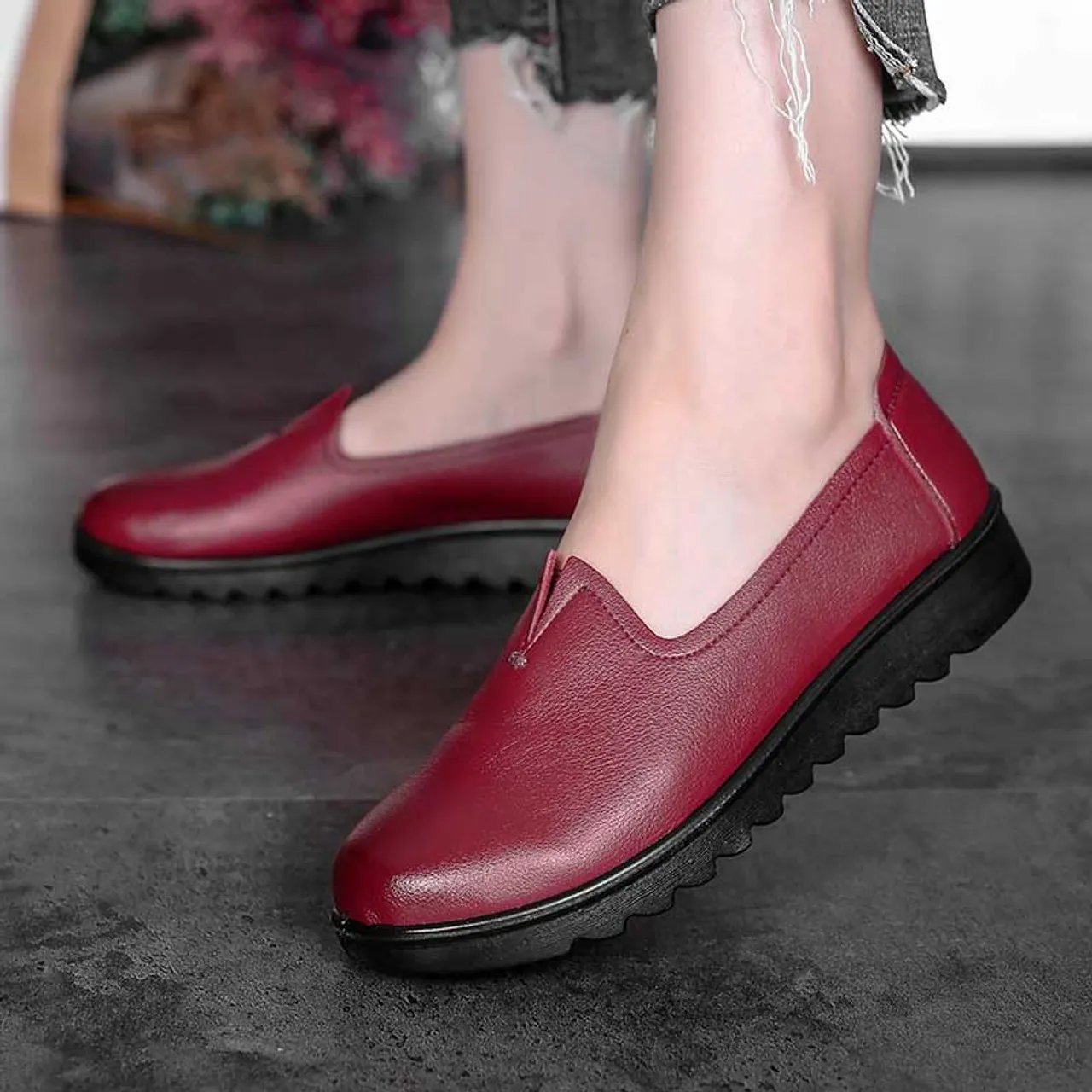 Red V open casual slip on shoe loafer