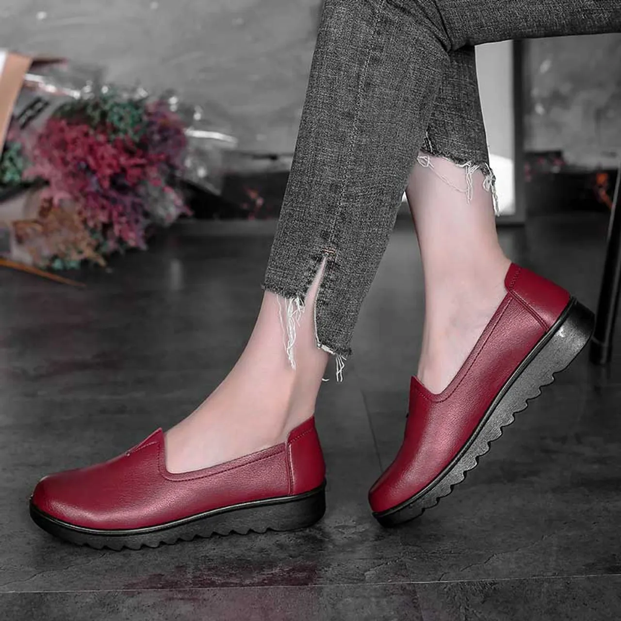 Red V open casual slip on shoe loafer