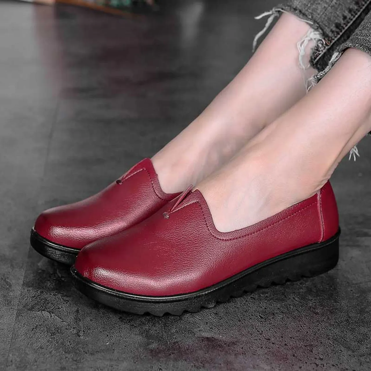 Red V open casual slip on shoe loafer