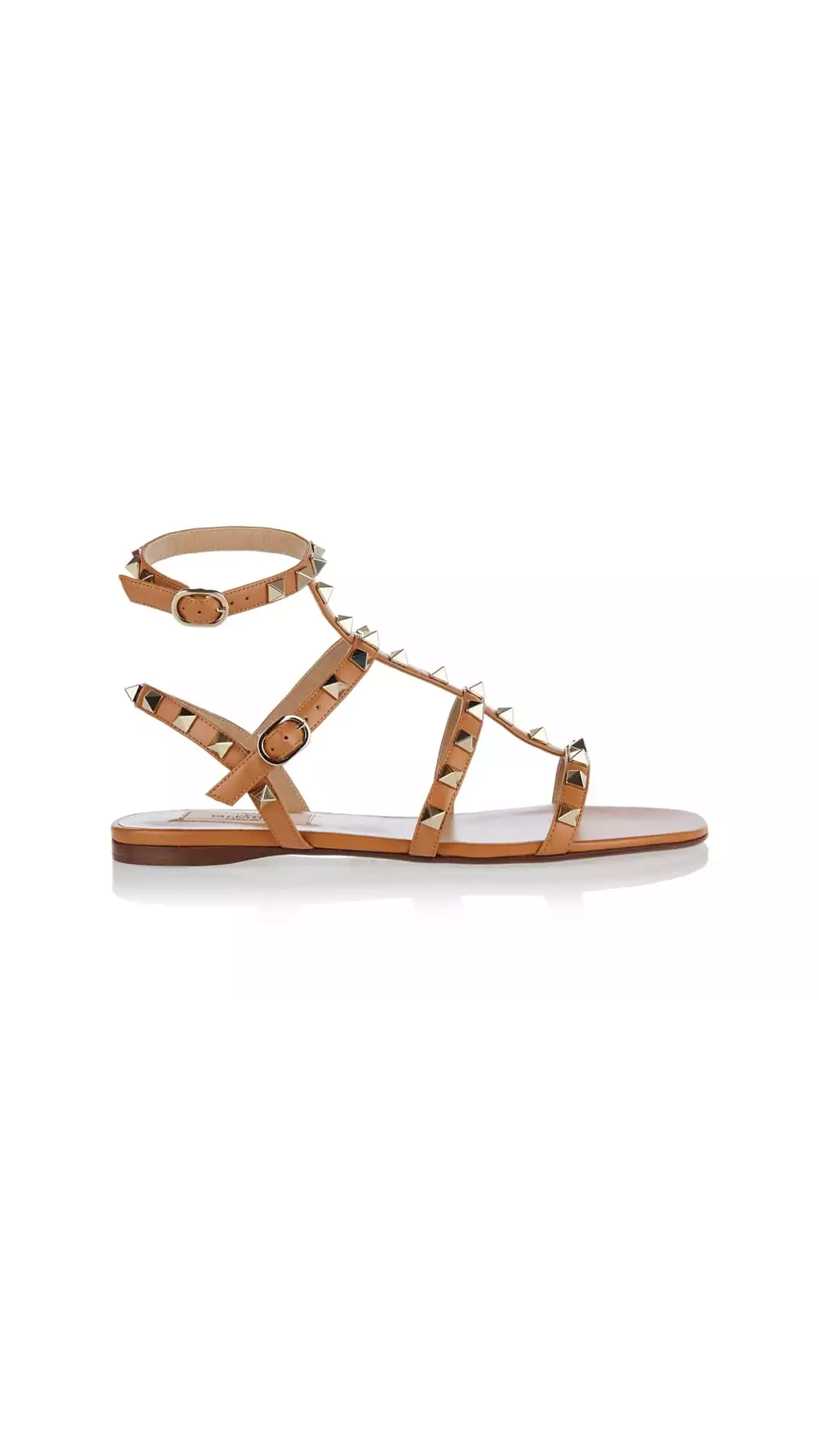 Rockstud Flat Calfskin Sandal with Straps - Almond