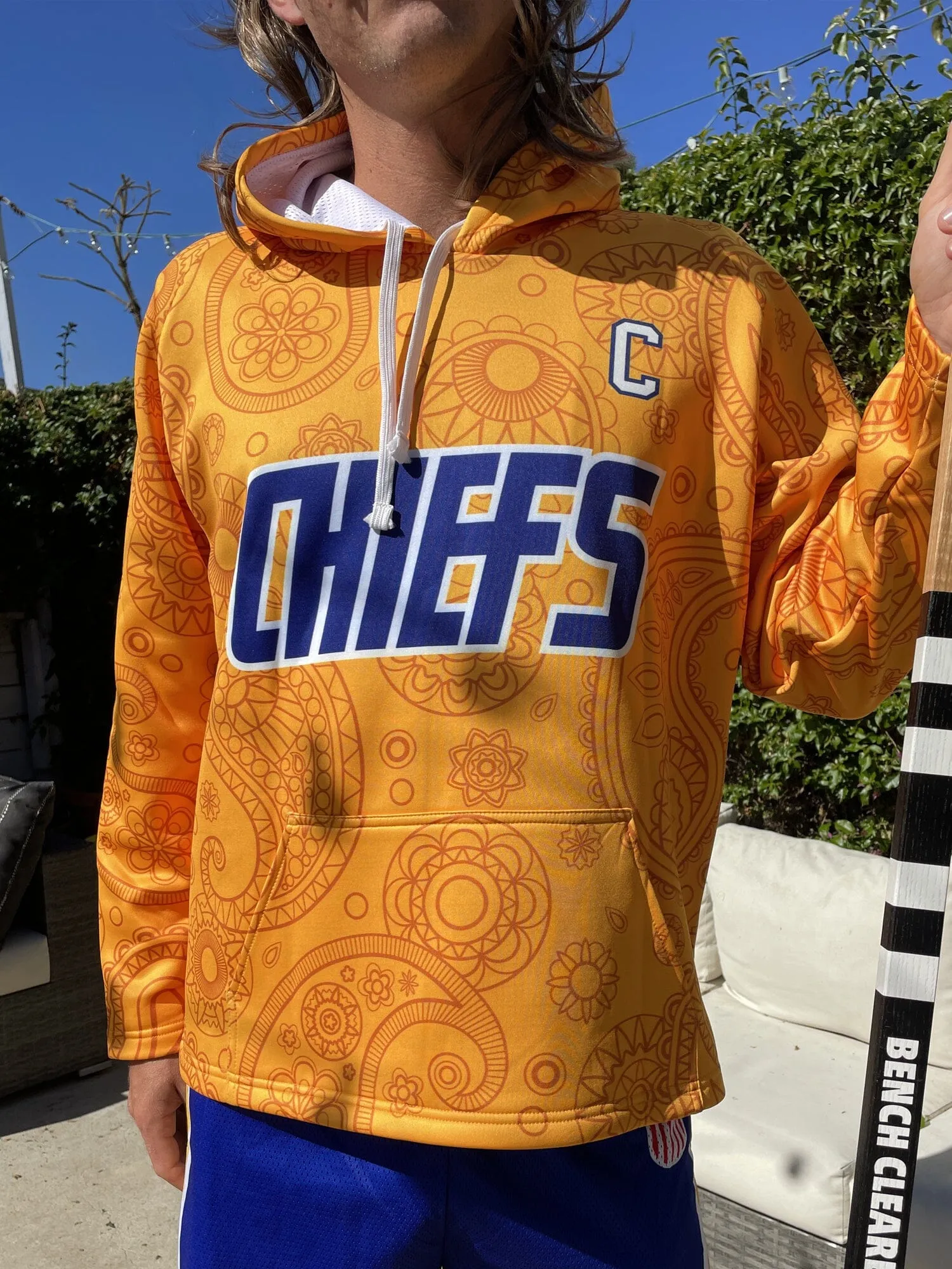 Slapshot Charlestown Chiefs Captain Johnny Upton #12 Yellow Paisley Hoodie