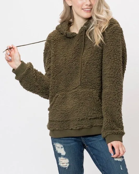 Super Soft Sherpa Front Pocket Hoodie Pullover - Olive