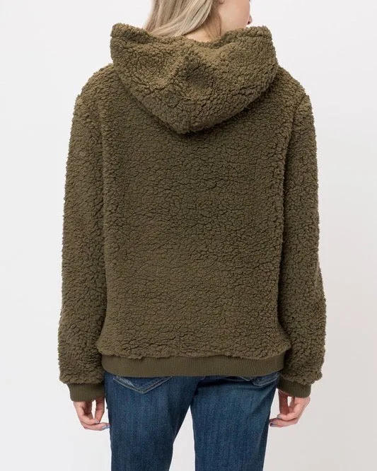 Super Soft Sherpa Front Pocket Hoodie Pullover - Olive