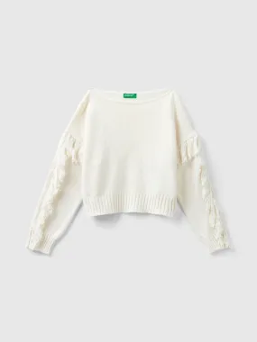 Sweater with fringe - Creamy White | Benetton