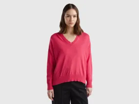 V-neck sweater in Modal® blend - Fuchsia | Benetton