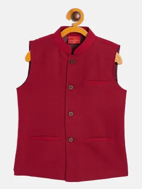 Vastramay Boys' Maroon Cotton Blend Slim Fit Nehru Jacket