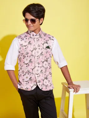 VASTRAMAY Boys Multicolor-Base-Pink Floral Printed Nehru Jacket