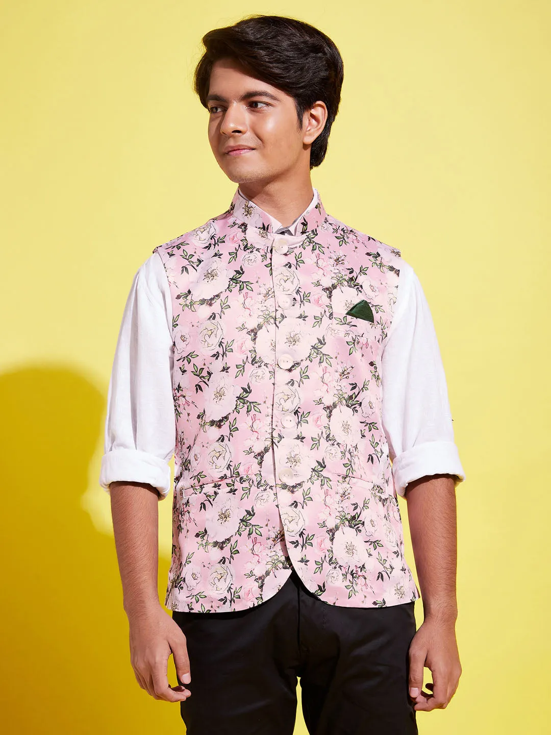 VASTRAMAY Boys Multicolor-Base-Pink Floral Printed Nehru Jacket