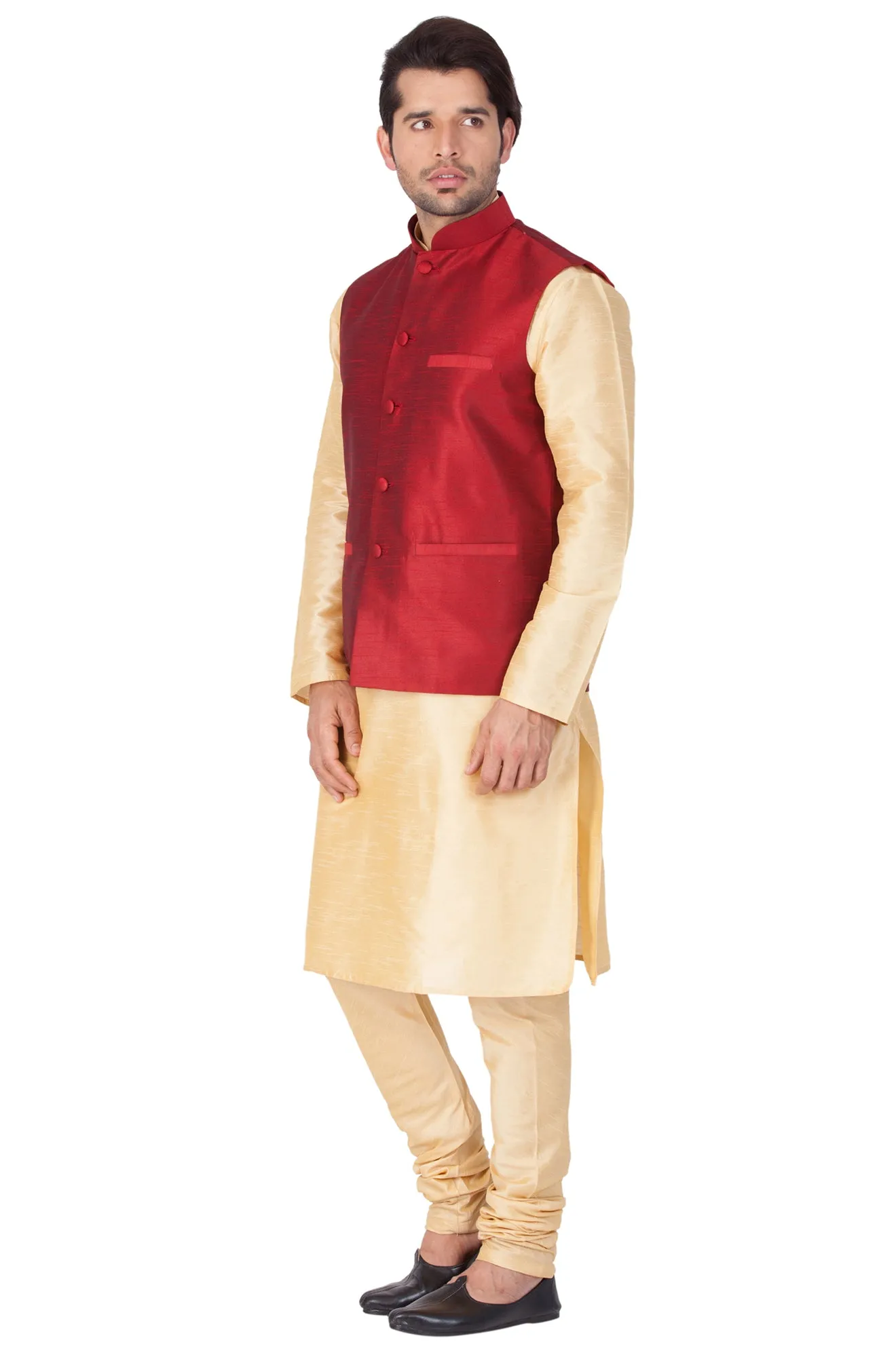 VASTRAMAY Men's Gold Cotton Silk Blend Kurta, Ethnic Jacket and Pyjama Set