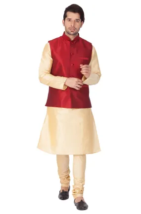 VASTRAMAY Men's Gold Cotton Silk Blend Kurta, Ethnic Jacket and Pyjama Set