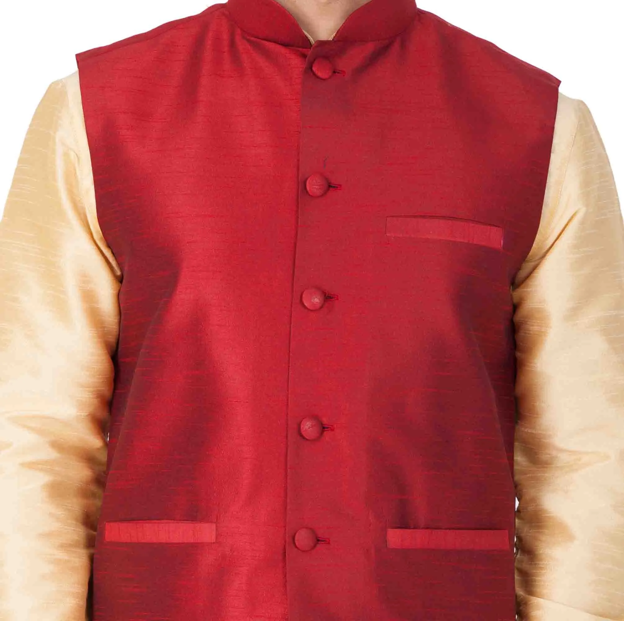 VASTRAMAY Men's Gold Cotton Silk Blend Kurta, Ethnic Jacket and Pyjama Set