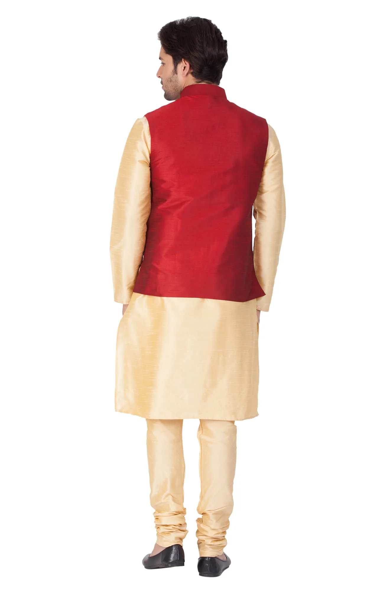 VASTRAMAY Men's Gold Cotton Silk Blend Kurta, Ethnic Jacket and Pyjama Set