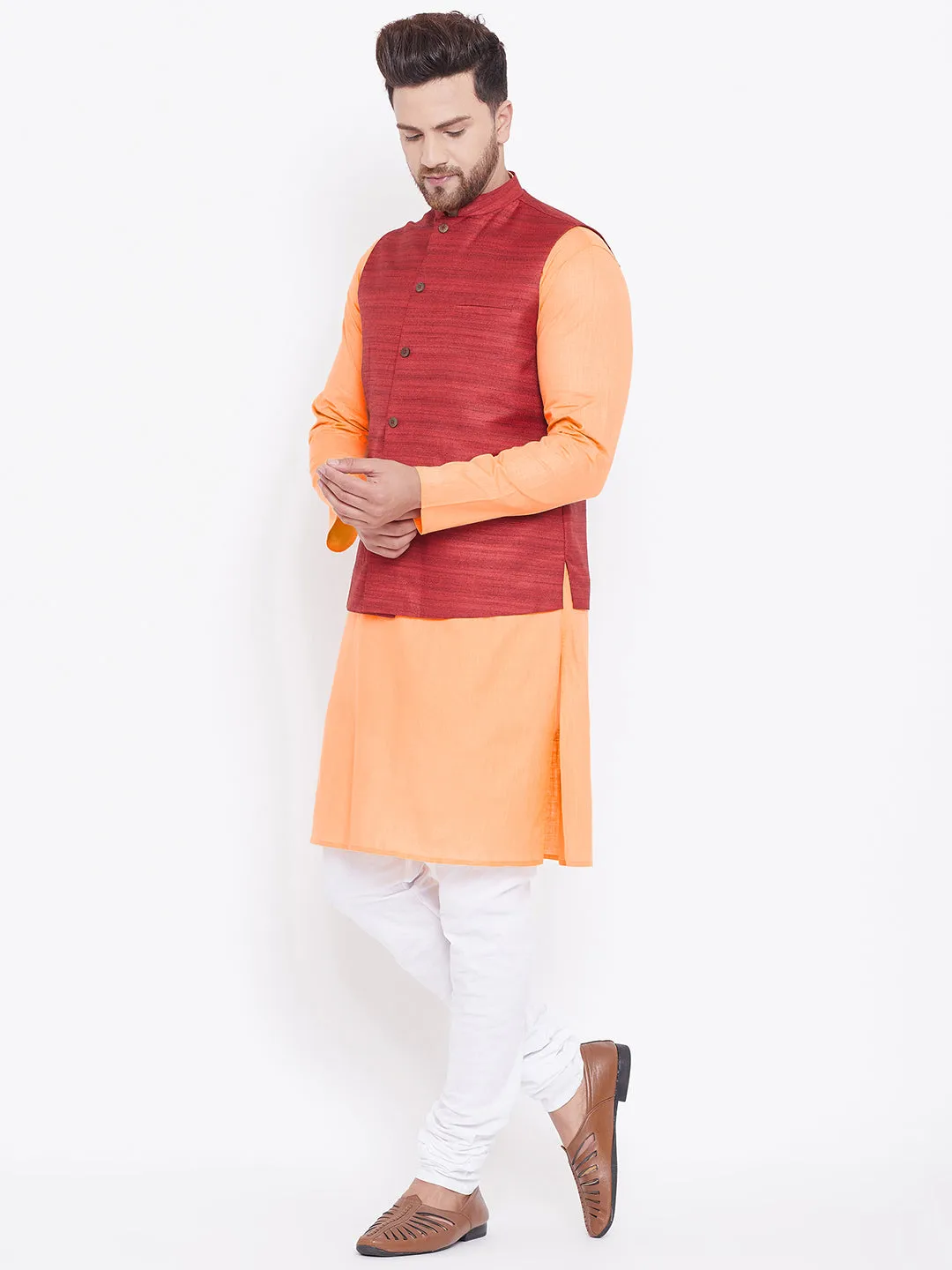 VASTRAMAY Men's Maroon, Fawn And White Cotton Blend Jacket, Kurta and Pyjama Set