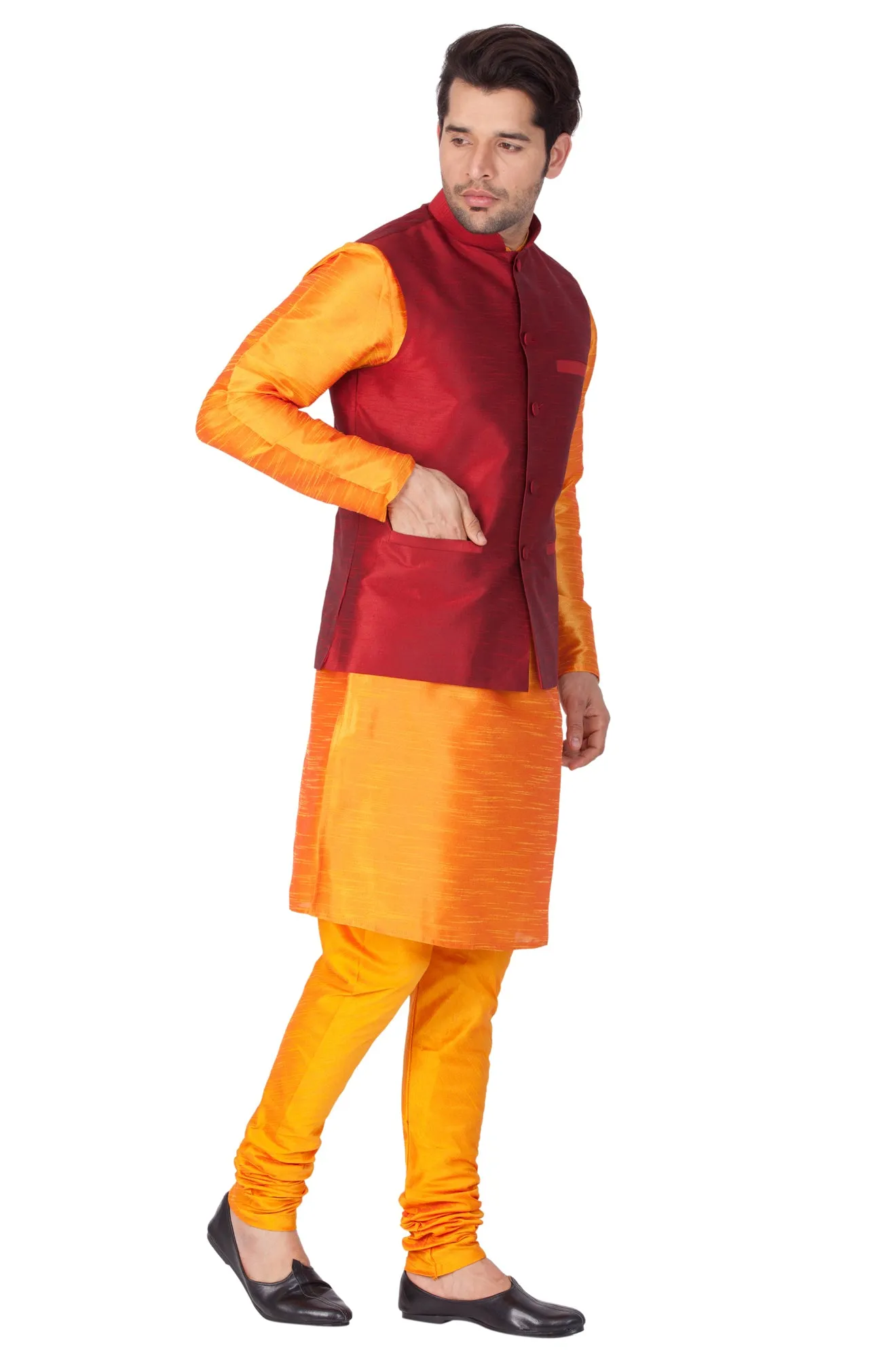 VASTRAMAY Men's Orange Cotton Silk Blend Kurta, Ethnic Jacket and Pyjama Set