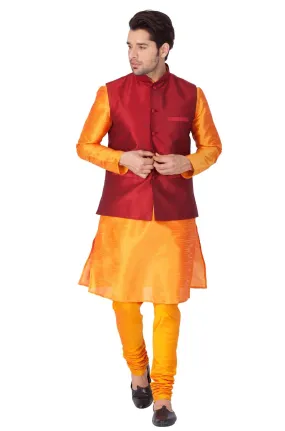 VASTRAMAY Men's Orange Cotton Silk Blend Kurta, Ethnic Jacket and Pyjama Set