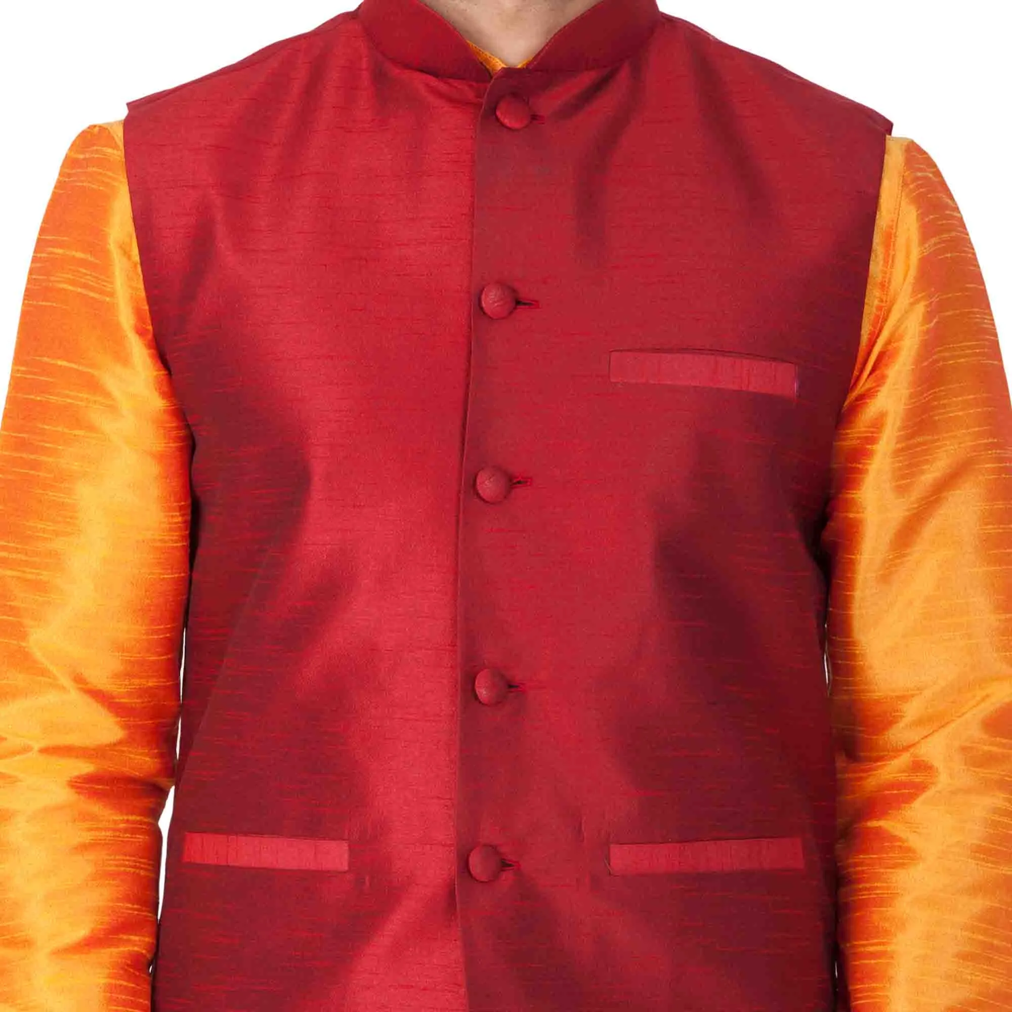 VASTRAMAY Men's Orange Cotton Silk Blend Kurta, Ethnic Jacket and Pyjama Set