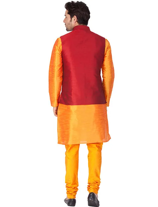 VASTRAMAY Men's Orange Cotton Silk Blend Kurta, Ethnic Jacket and Pyjama Set