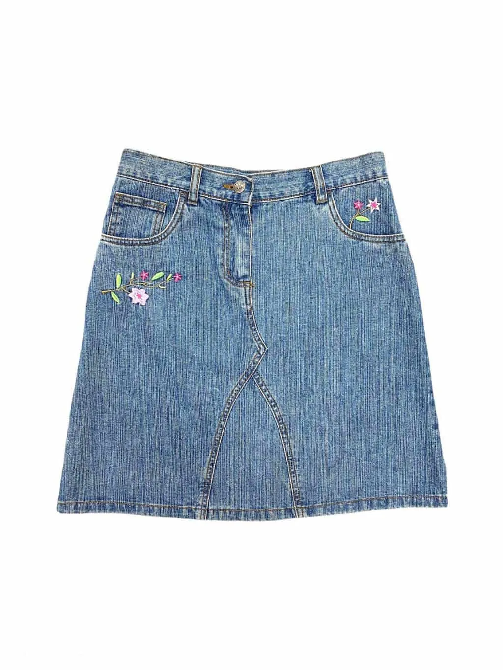 Vintage 90s Y2K denim mini skirt in blue with floral embroidery – W26