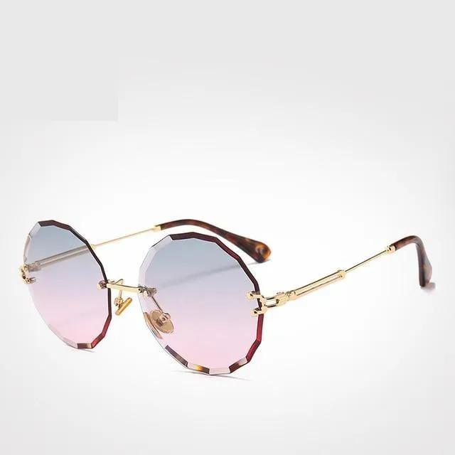 Vintage Unisex Rimless Round Alloy Frame Blue Yellow Pink Sunglasses