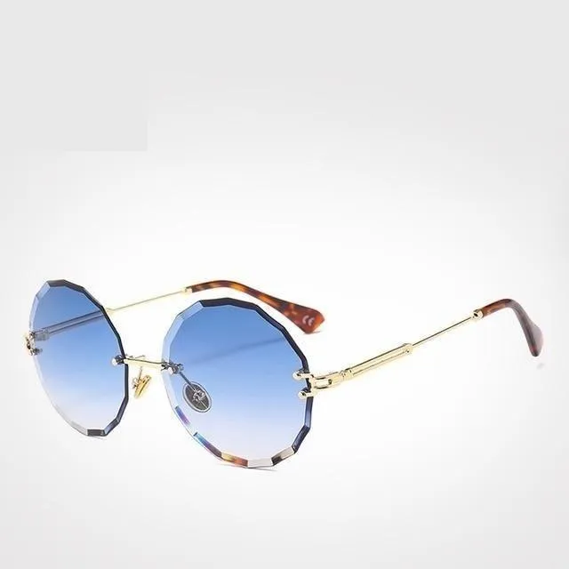 Vintage Unisex Rimless Round Alloy Frame Blue Yellow Pink Sunglasses