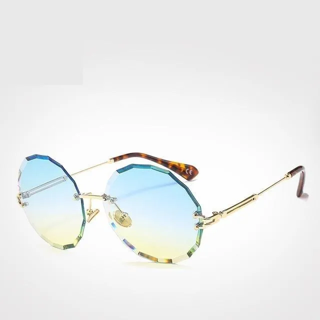 Vintage Unisex Rimless Round Alloy Frame Blue Yellow Pink Sunglasses