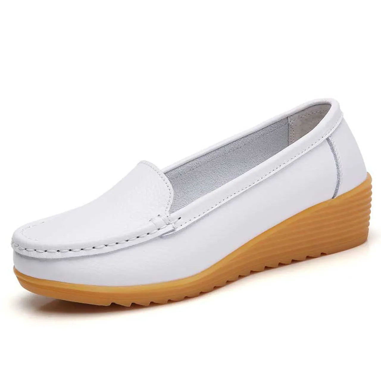 White casual plain slip on shoe loafer wedge