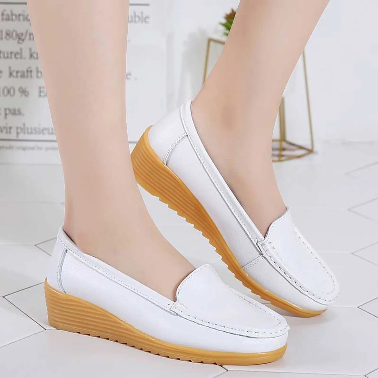 White casual plain slip on shoe loafer wedge