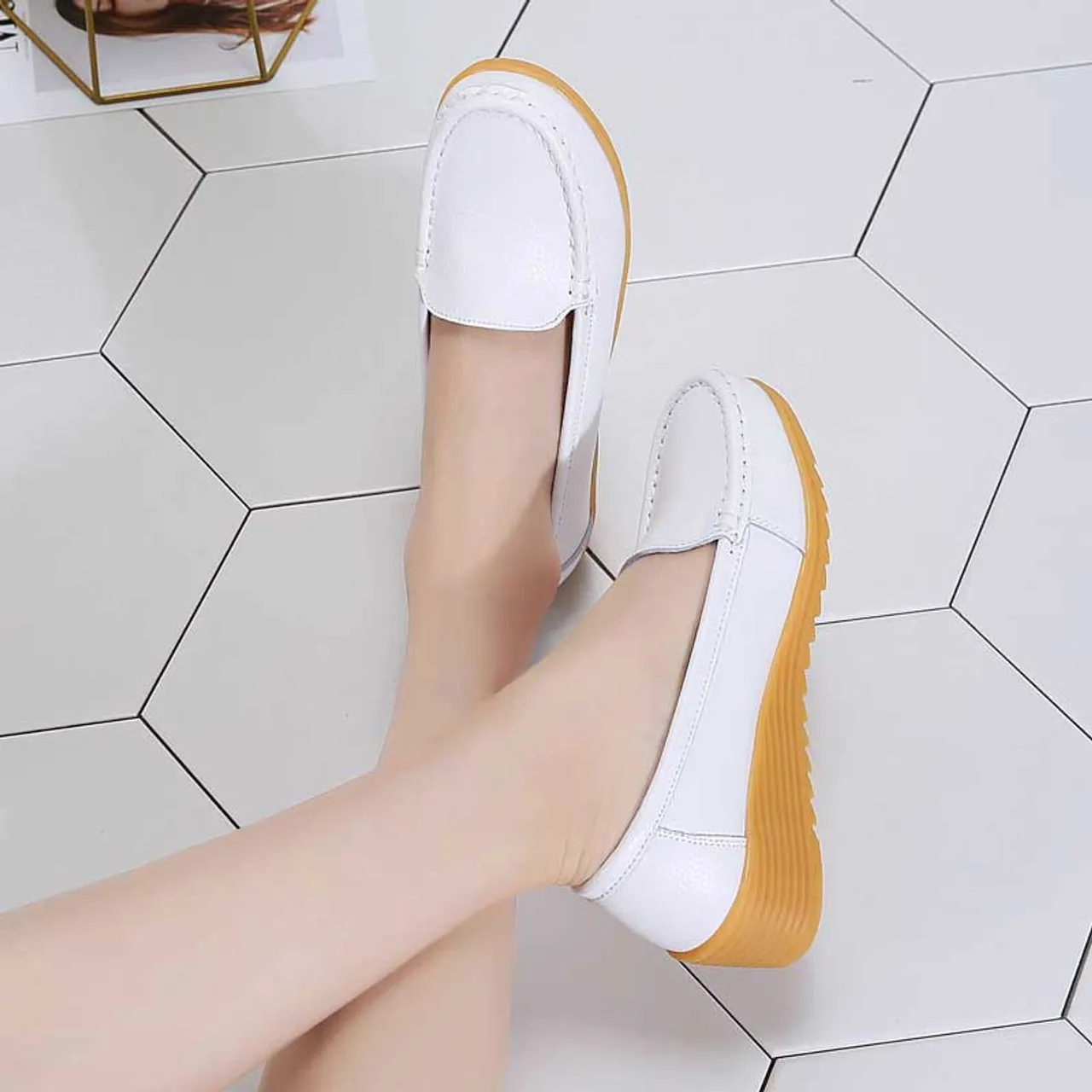 White casual plain slip on shoe loafer wedge